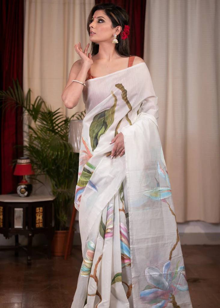 White Kalamkari Beautifull Saree with Blouse Piece