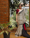 Elegant Beige Satin Saree with Black Line  And Red  Bindi Design & Black Pallu