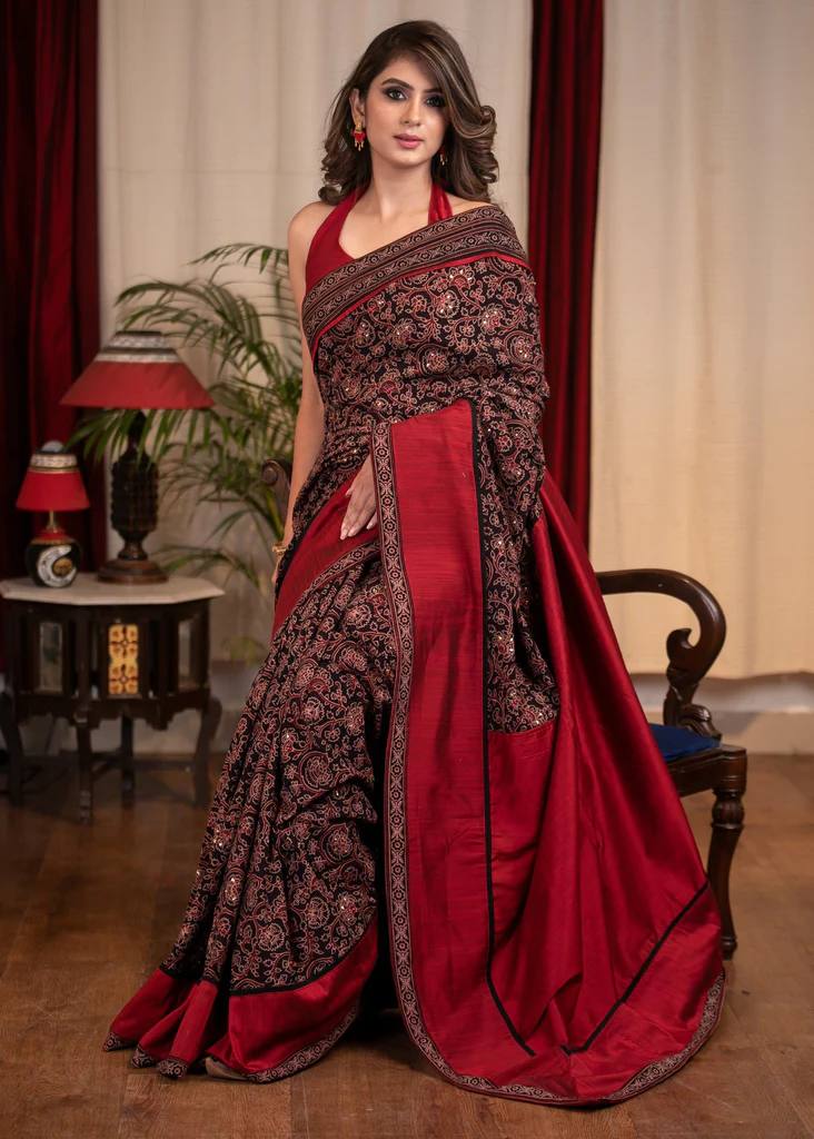 Red Stylish Ajrakh Printed Saree with Unstitched Blouse Piece