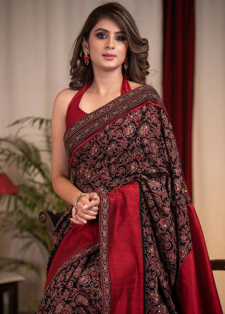 Red Stylish Ajrakh Printed Saree with Unstitched Blouse Piece