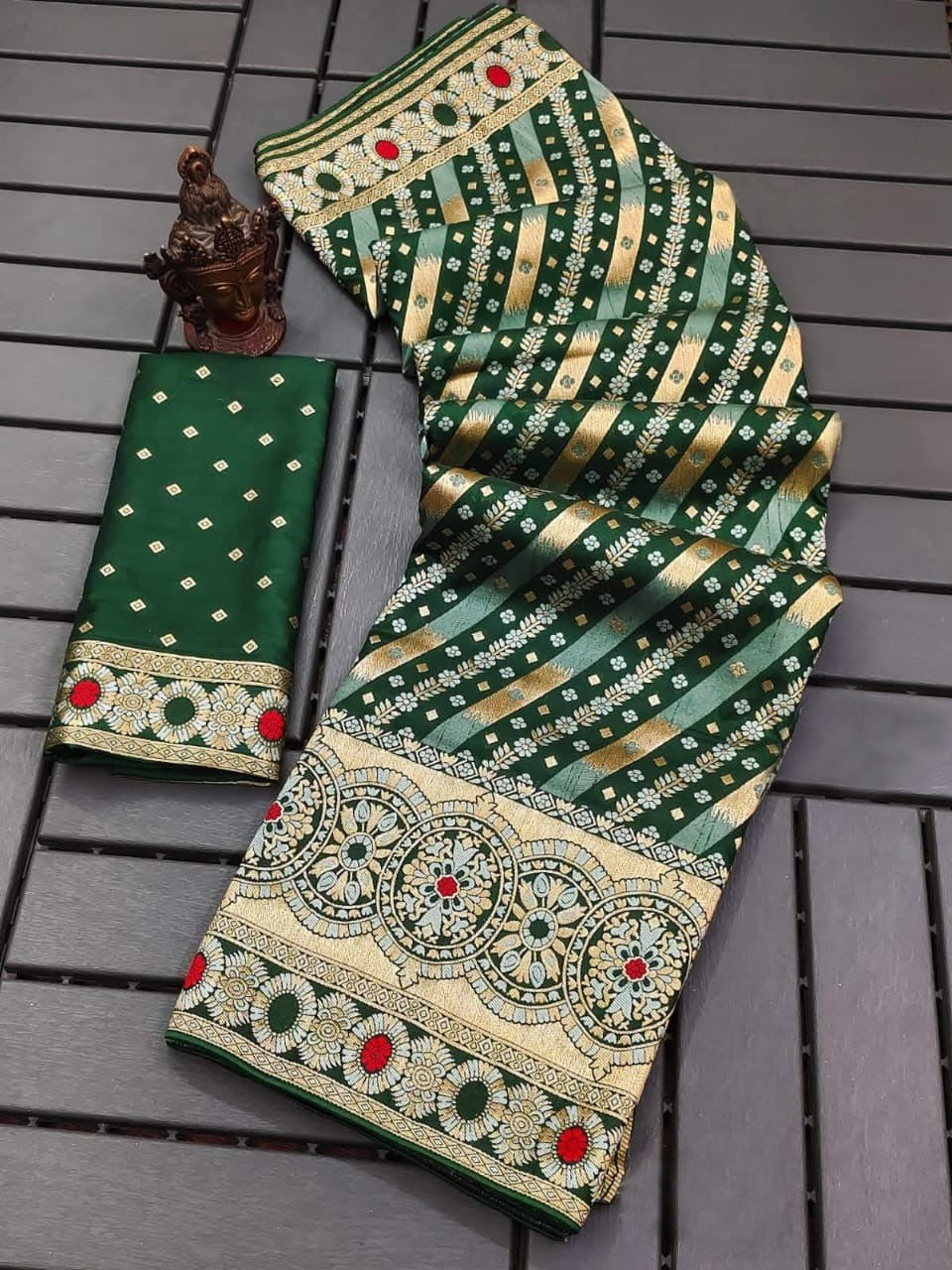 Sawan Special Royal Green Bandhej Embroidered Saree