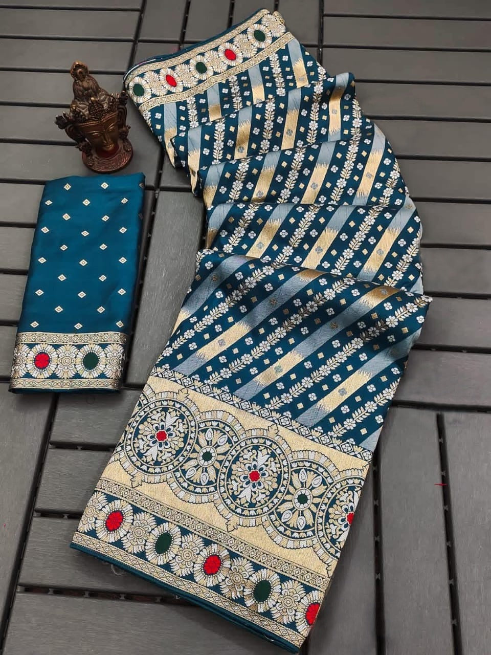 Sawan Special Royal Blue Bandhani Embroidered Saree