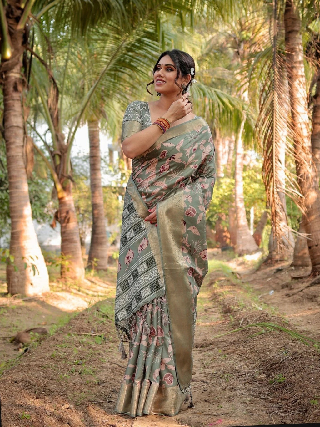 Olive Soft Tussar Silk Saree with Contemporary Pallu
