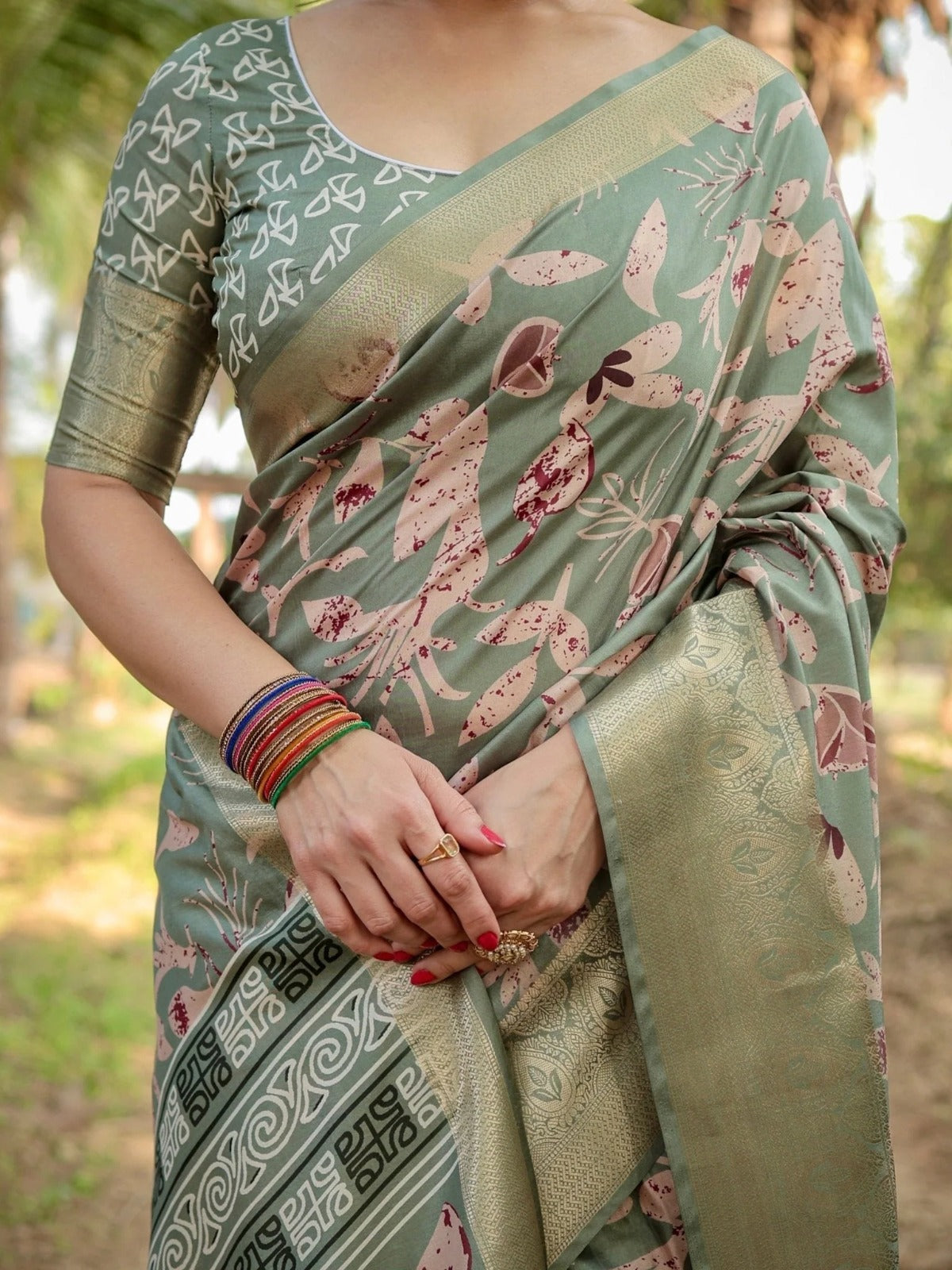 Olive Soft Tussar Silk Saree with Contemporary Pallu