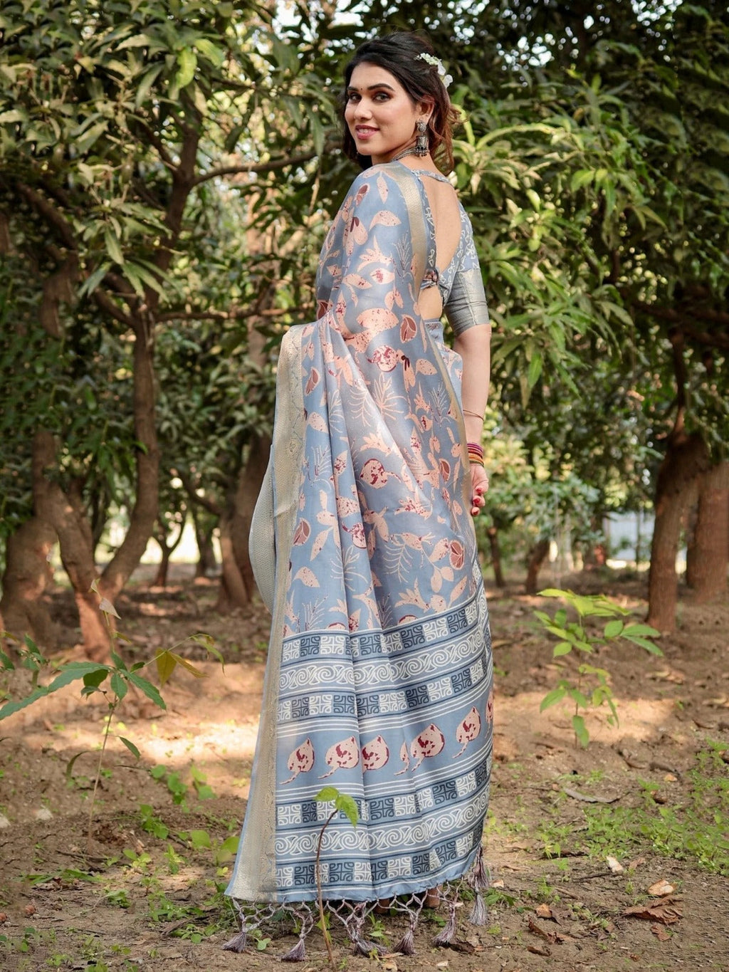 Sky Blue Tussar Silk Saree with Contemporary Pallu