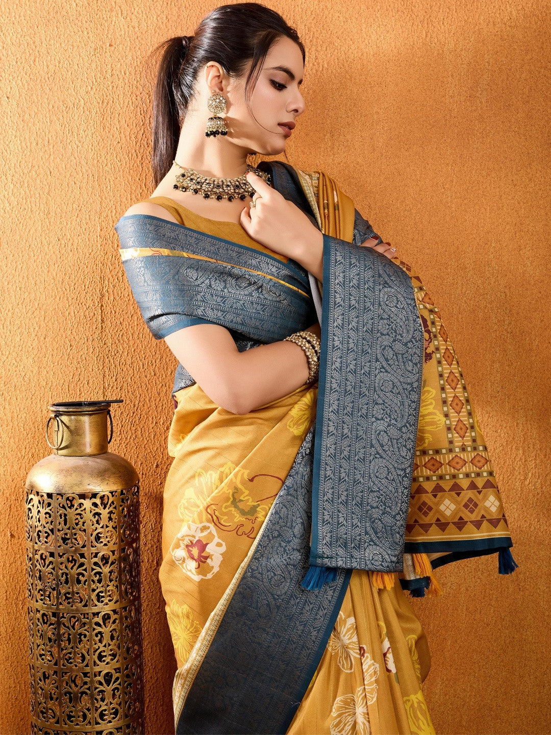 Yellow Floral Printed Zari Pure Crepe Saree