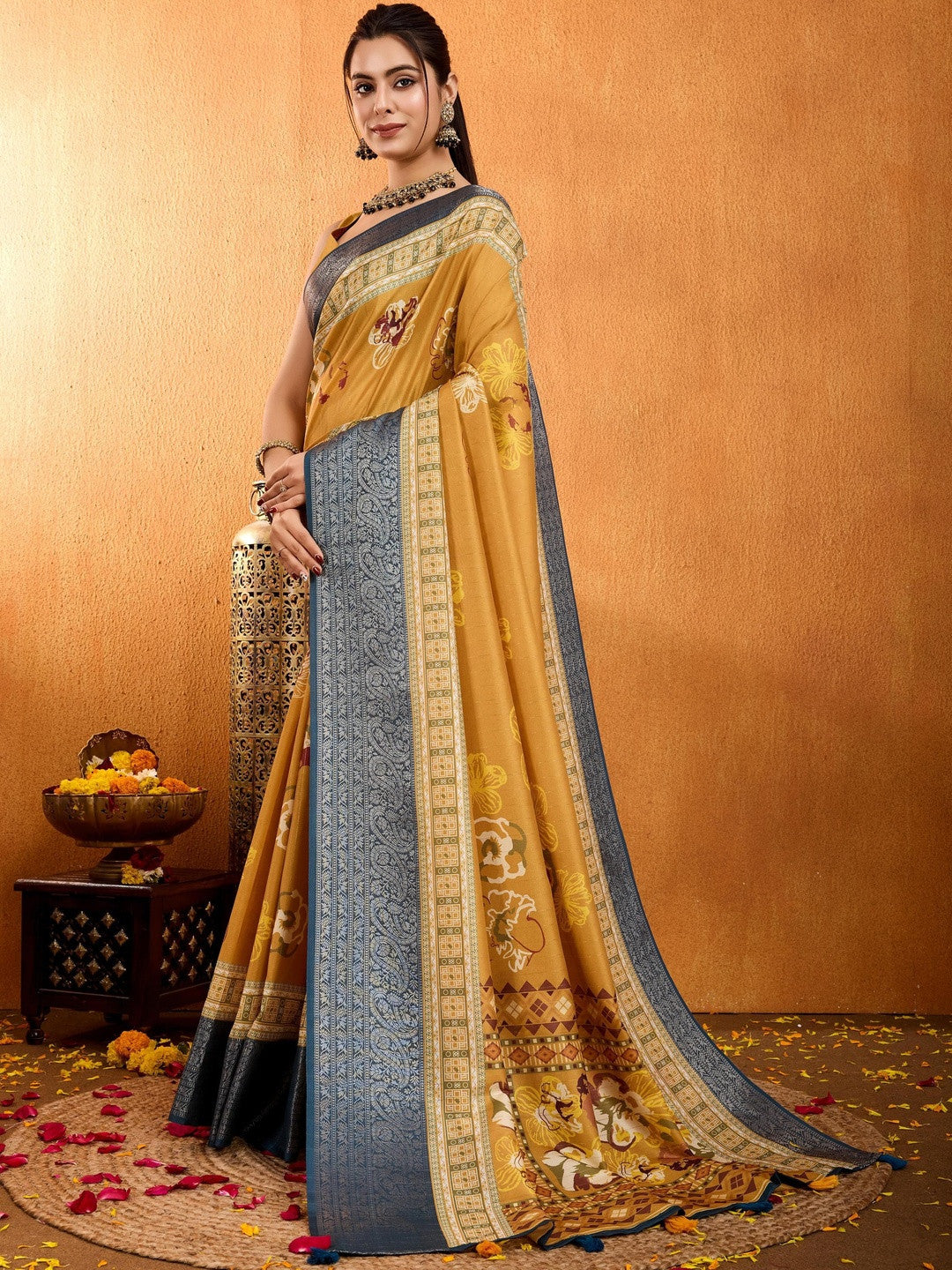 Yellow Floral Printed Zari Pure Crepe Saree