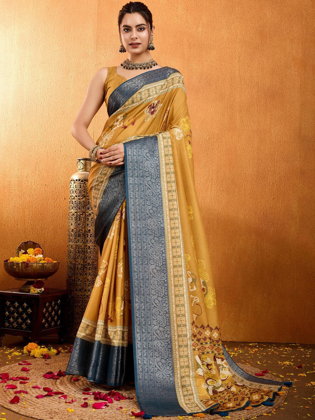 Yellow Floral Printed Zari Pure Crepe Saree