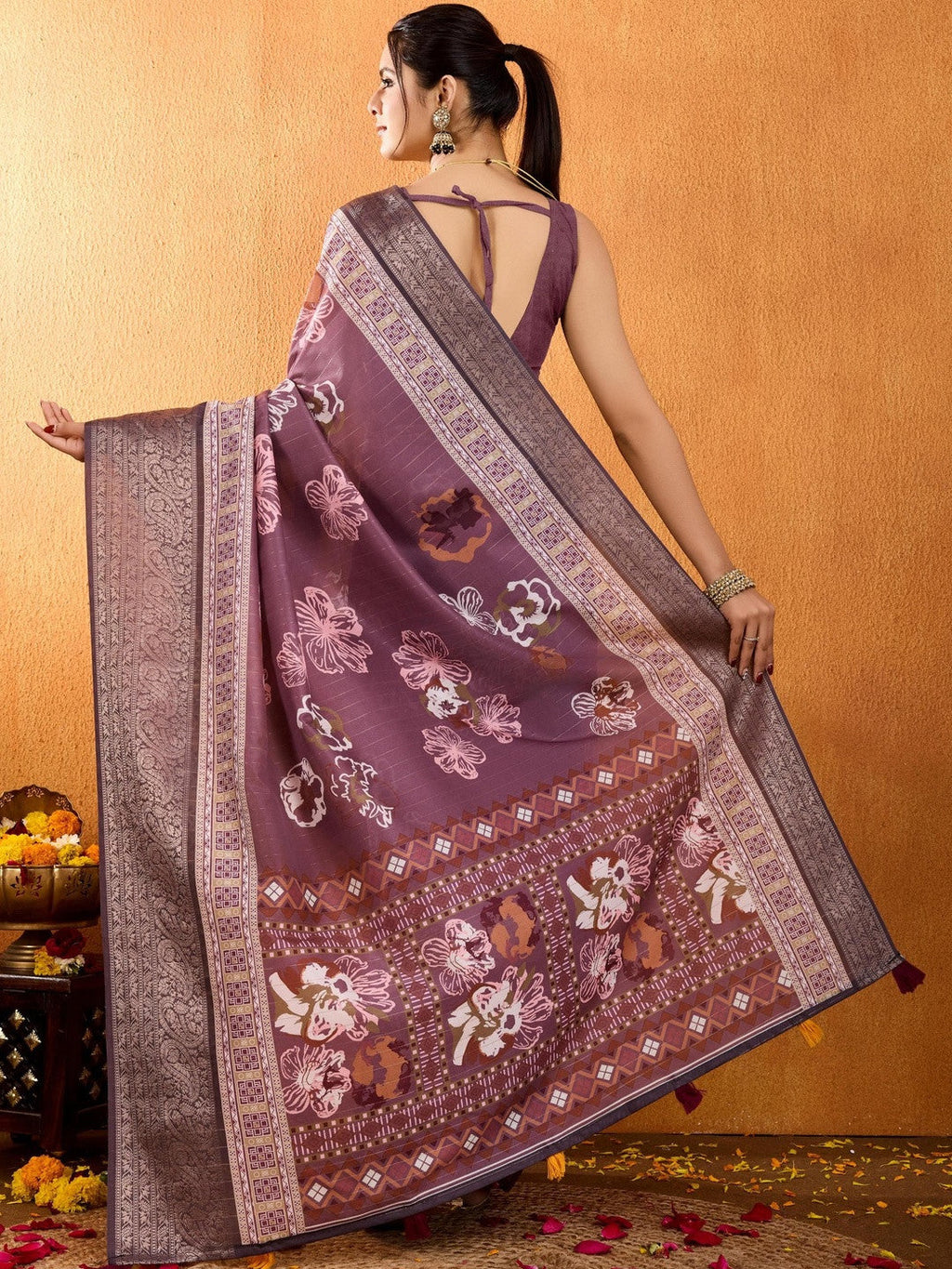 Purple Floral Printed Zari Pure Crepe Saree