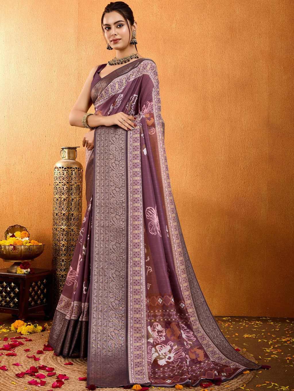 Purple Floral Printed Zari Pure Crepe Saree