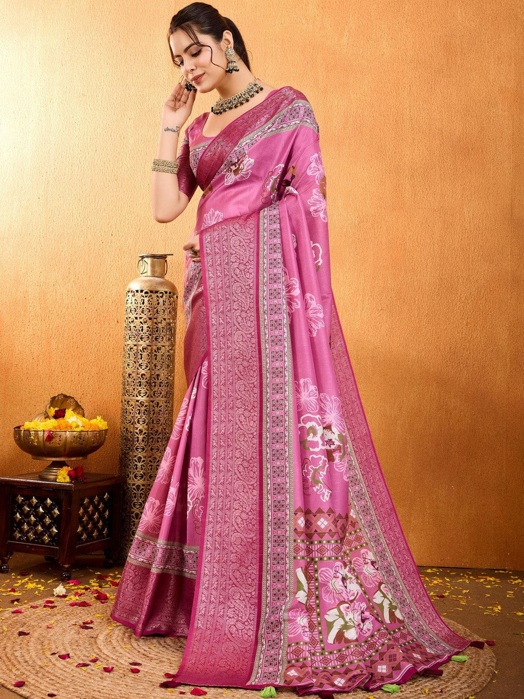 Pink Floral Printed Zari Pure Crepe Saree