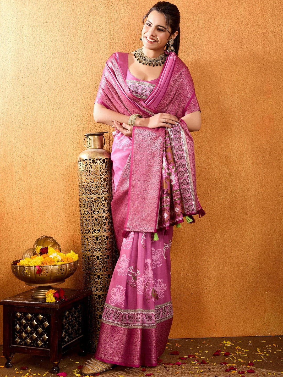 Pink Floral Printed Zari Pure Crepe Saree