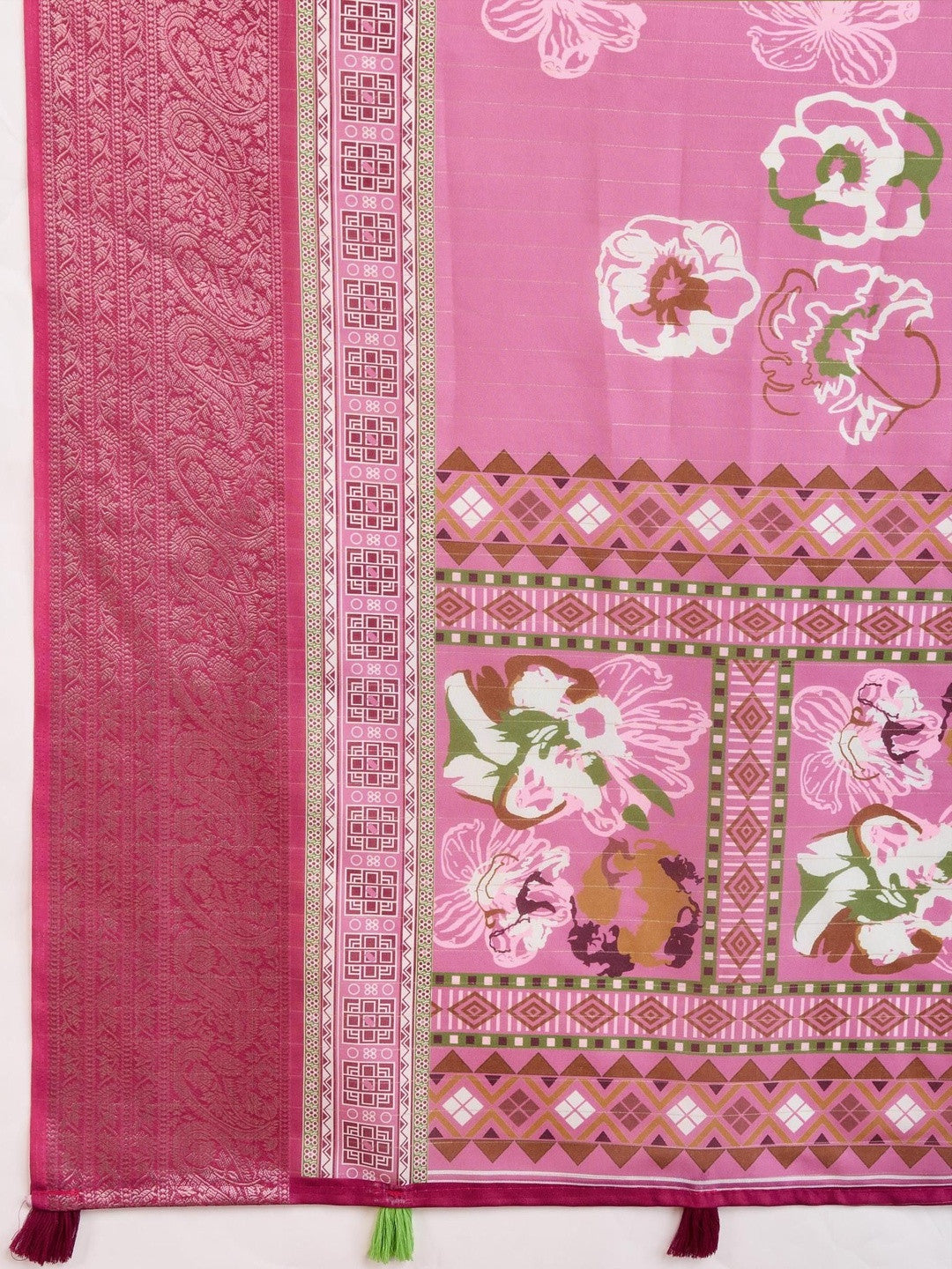 Pink Floral Printed Zari Pure Crepe Saree