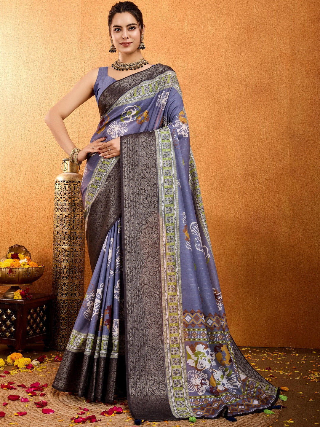 Blue Floral Printed Zari Pure Crepe Saree