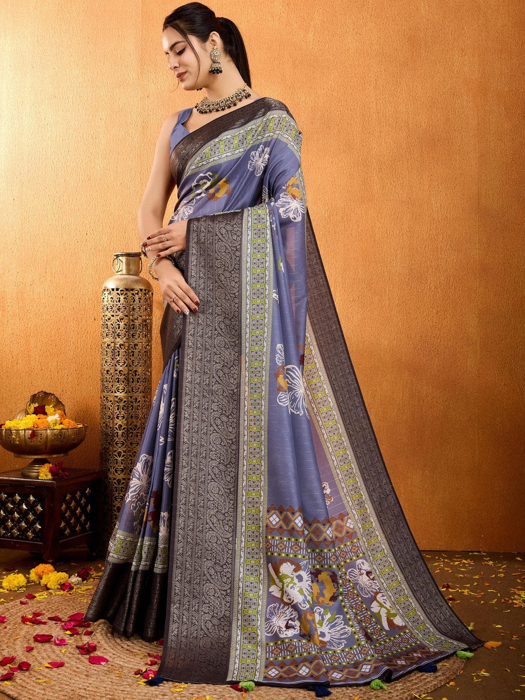 Blue Floral Printed Zari Pure Crepe Saree