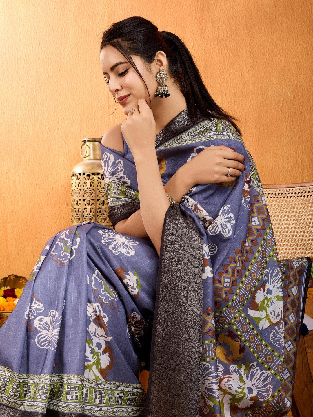 Blue Floral Printed Zari Pure Crepe Saree