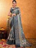 Grey Floral Printed Zari Pure Crepe Saree
