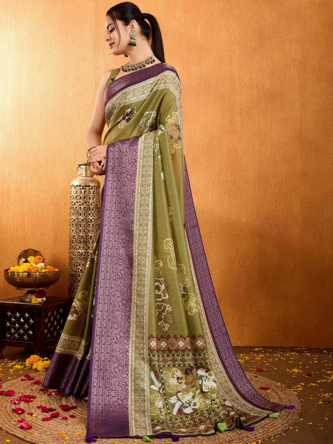 Mehandi Floral Printed Zari Pure Crepe Saree