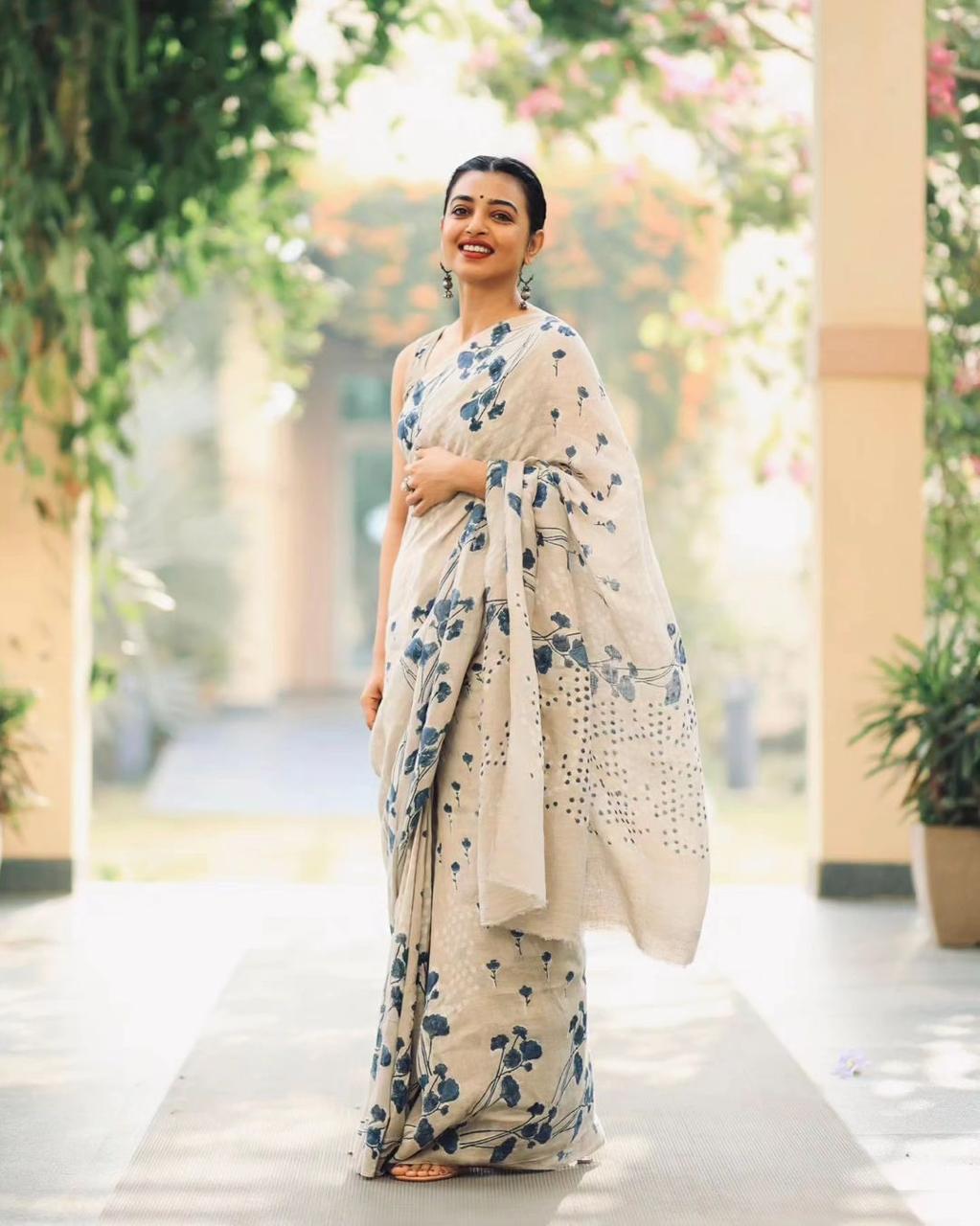 White Designer Printed Linen Saree