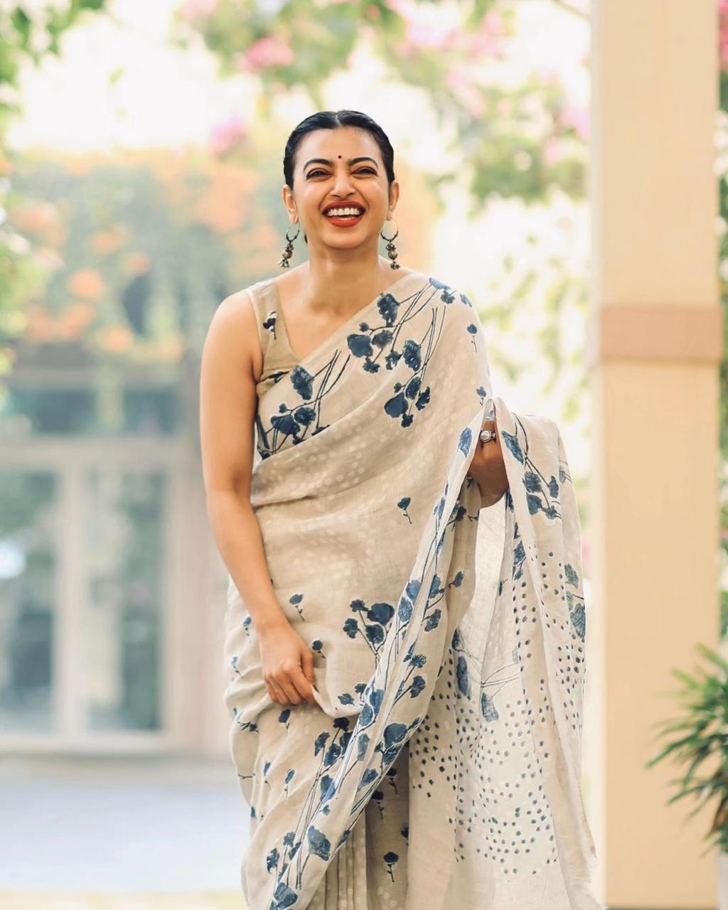 White Designer Printed Linen Saree