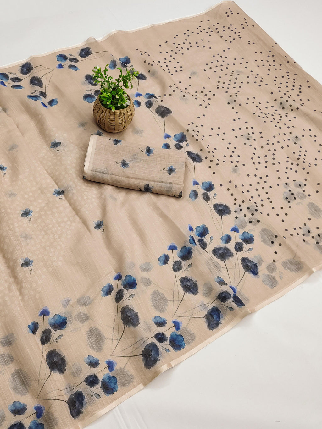 White Designer Printed Linen Saree