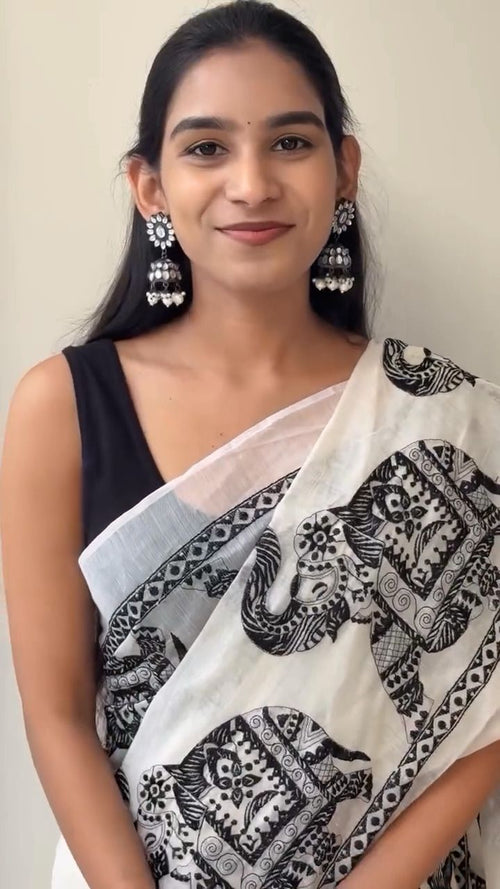 Black Printed over White Designer Linen Saree